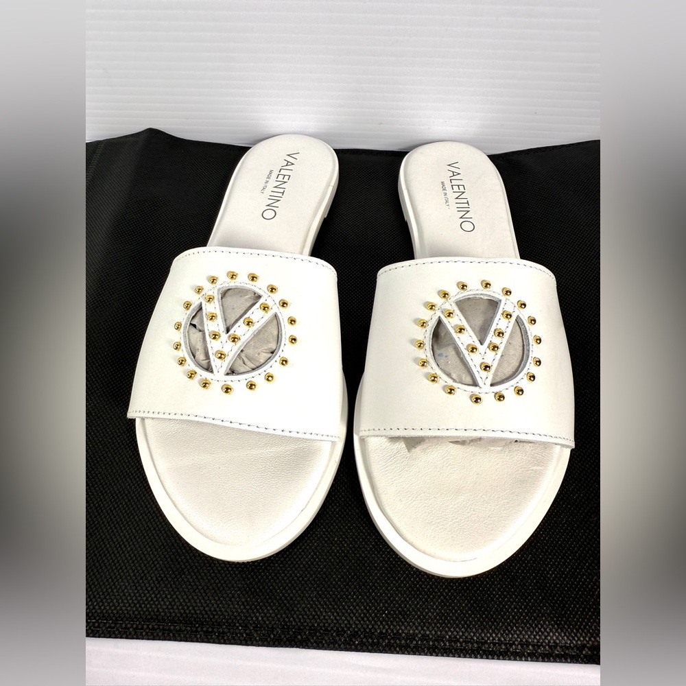 Valentino White Sandals with Gold Studs
